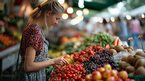 AI generated A female shopper examining fresh fruits and vegetables at