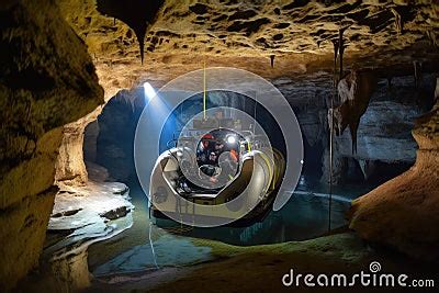 Submersible In Underwater Cave System Surrounded By Towering Rock