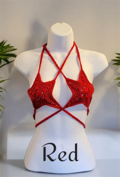 Handmade Crochet Star Top Crochet Bikini Strappy Halter Top Festival Bralette Lace Up Rave