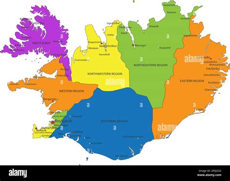 Colorido mapa político de Islandia con capas claramente etiquetadas y