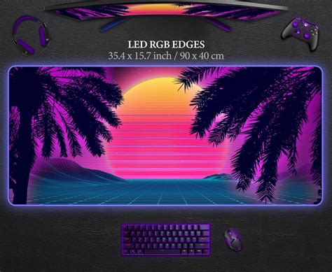 Synthwave Neon Deskmat Rgb Xxxl Vaporwave Mousepad Gaming Deskpad Rgb