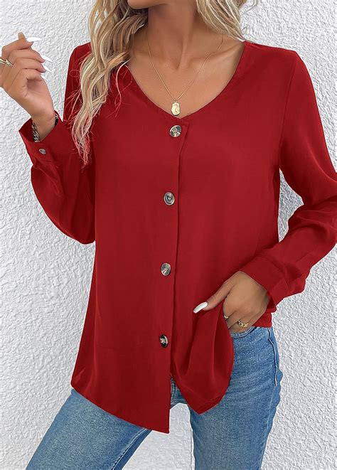 Rotita Button Wine Red V Neck Long Sleeve Blouse Usd 26 98