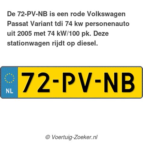 Kenteken 72 PV NB Volkswagen Passat Variant Tdi 74 Kw Auto 72PVNB