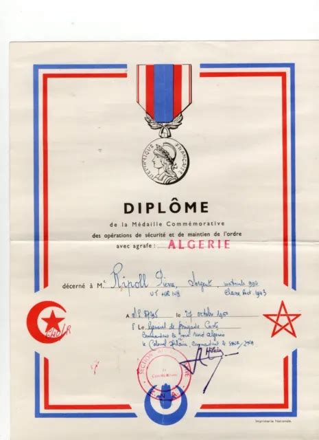 MILITARIA DOCUMENT Guerre d Algérie Diplôme sans la médaille date