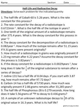 St Order Radioactive Decay And Half Life A Chemistry Or Physics Worksheet