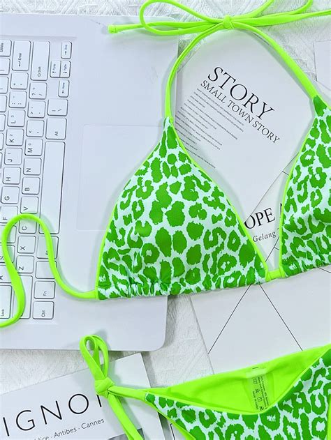 2024 Sexy Pink Green Leopard Print Halter Neck Tie Side Bikini