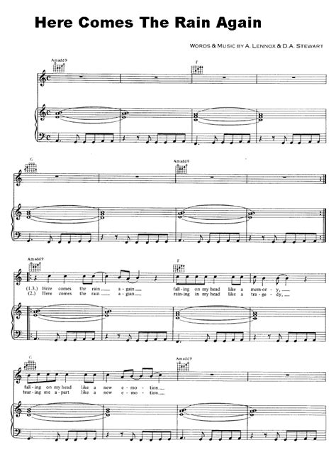 HERE COMES THE RAIN AGAIN Piano Sheet Music Easy Sheet Music