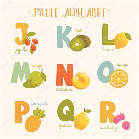 Alfabeto De Coloridas Frutas Vectoriales J K L M N O P Q