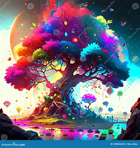 3d Rendering Of A Colorful Fantasy Landscape With A Tree In The Foreground Generative Ai Stock