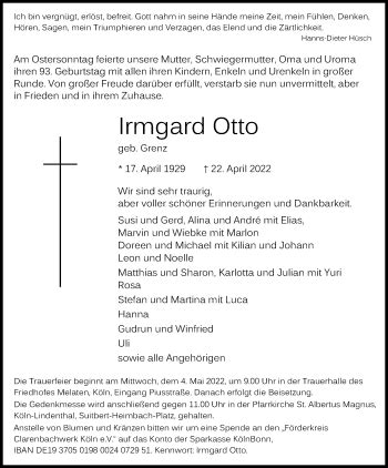 Traueranzeigen Von Irmgard Otto Wirtrauern