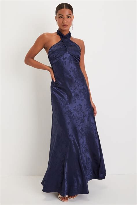 Navy Blue Satin Dress Jacquard Maxi Dress Halter Maxi Dress Lulus