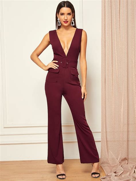 Plunging Neck Self Belted Jumpsuit Shein