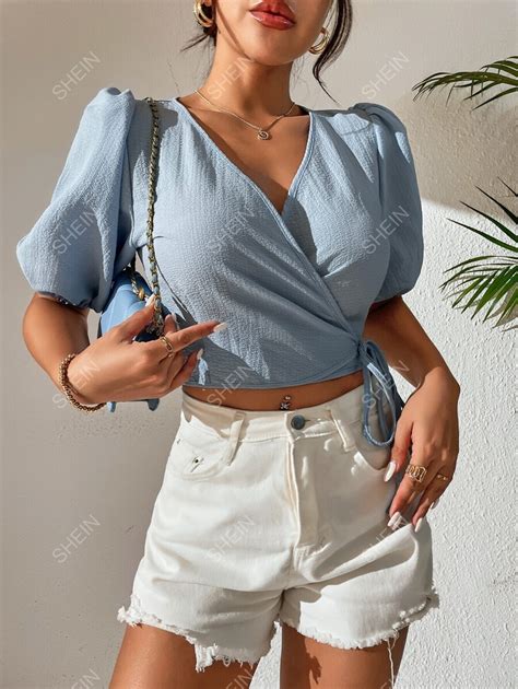 Shein Priv Camisa Corta De Manga Farol Cruzado Con Nudo Lateral Mode