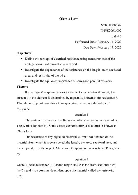 L Report Ohm S Law Ohms Law Seth Hardtman Phys L Lab