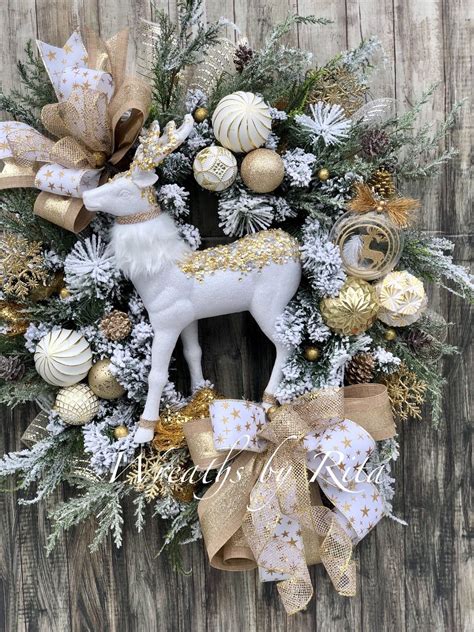 White And Gold Deer Wreath Winter Wreath Christmas Wreath Etsy