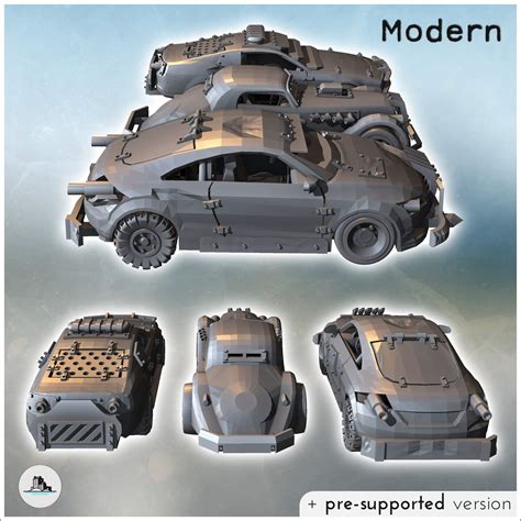 Set Of Three Post Apocalyptic Cars With Bumper And Improvised Armor On