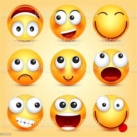 Smiley Set Di Emoticon Faccia Gialla Con Emozioni Espressione Facciale