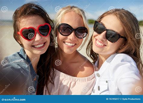 Group Of Smiling Women Taking Selfie On Beach Stock Image Image Of