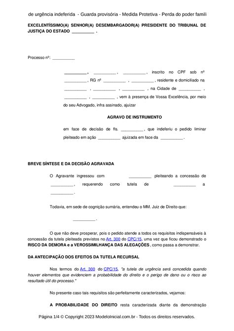 Modelo Agravo De Instrumento Tutela De Urg Ncia Indeferida Guarda