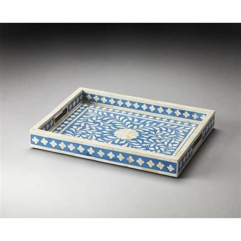 Handmade Butler Vivienne Blue Wood Inlay Serving Tray India Bed