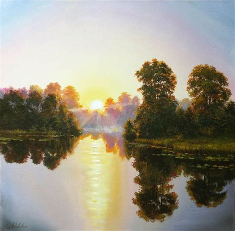 Sunrise Over The River 2018 Oil Painting By Oleg Riabchuk Over The