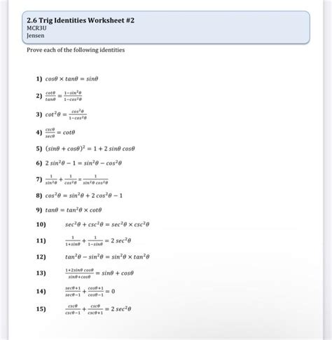 26 Trig Identities Worksheet 2 Mcr3u Jensen Prove