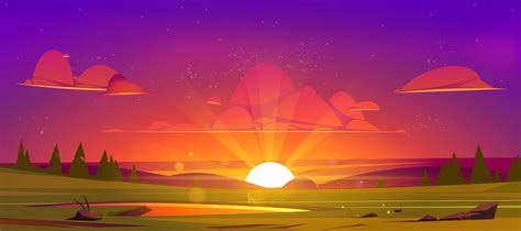 Cartoon nature landscape beautiful sunset at field 13864033 Vector Art ...