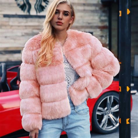 Pink Women's Faux Fur Coat 2018 Winter Thick Warm Fluffy Coat Fake Fur ...