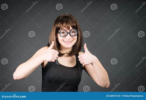 Smiling Geek Girl In Glasses With Thumbs Up Happy Winner Nerd Woman