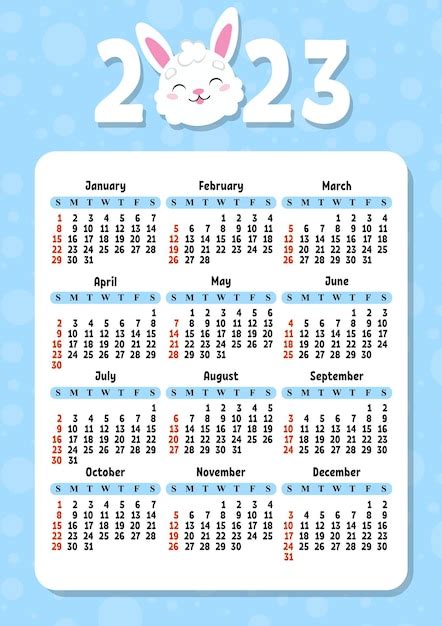 Kleurenkalender Voor 2023 Met Een Schattig Konijntje De Week Begint Op