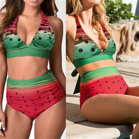 Women Watermelon Print Bikini Set Push Push Up Bra Swimsuit Bathing