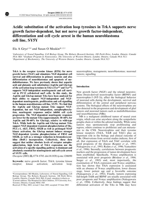 Pdf Acidic Substitution Of The Activation Loop Tyrosines In Trka