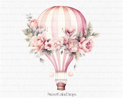 Pink Hot Air Balloon Watercolor Clipart Png Flower Baby Shower Nursery Baby Girl Adventure