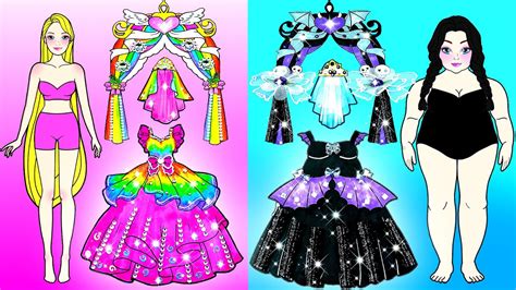 Paper Dolls Dress Up Thin Rapunzel VS Fat Wednesday Addams Barbie