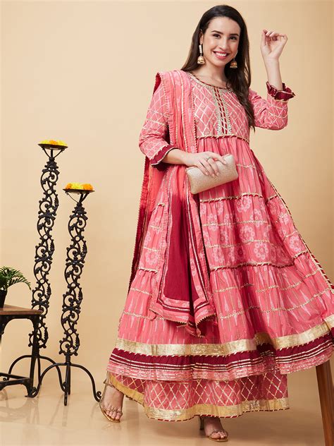 Globus Women Pink Ethnic Motifs Print 3 Piece Festive Anarkali Kurta