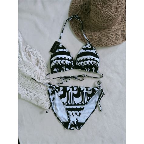 Jual BK 3301 MOTIF HITAM PUTIH BIKINI SEGITIGA IKAT DENGAN BUSA SELIP