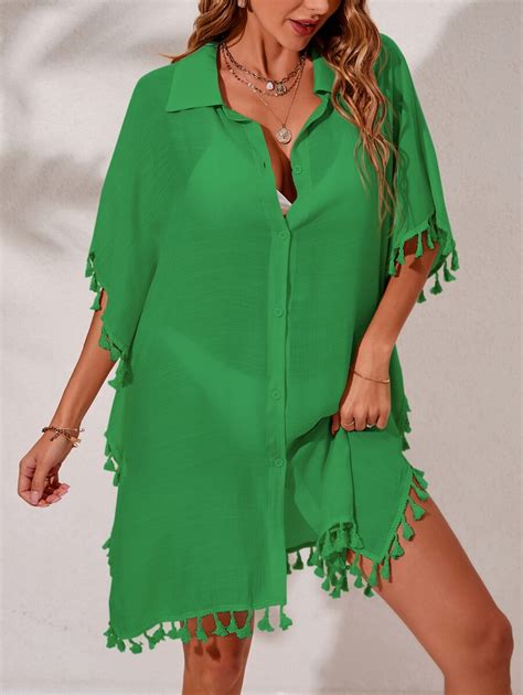 SHEIN Swim BohoFeel Tassel Trim Batwing Sleeve Button Front Kimono