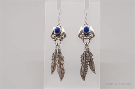 Vintage Lapis Lazuli Flower Feather Sterling Silver E Gem