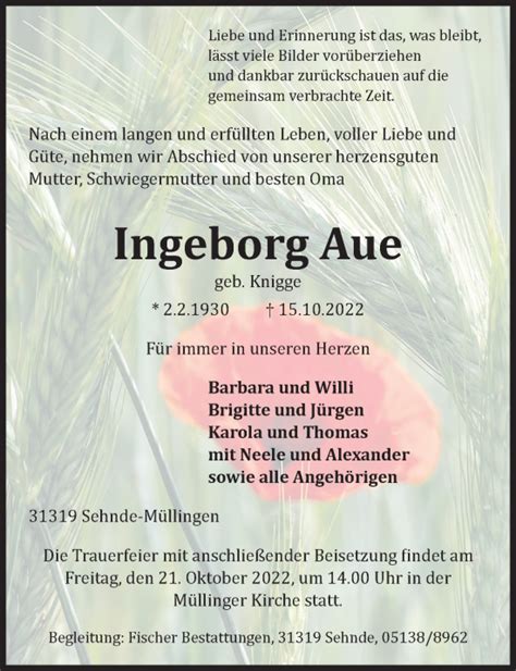 Traueranzeigen Von Ingeborg Aue Trauer Anzeigen De