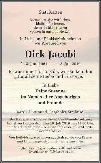 Traueranzeigen Von Dirk Jacobi Sich Erinnern De