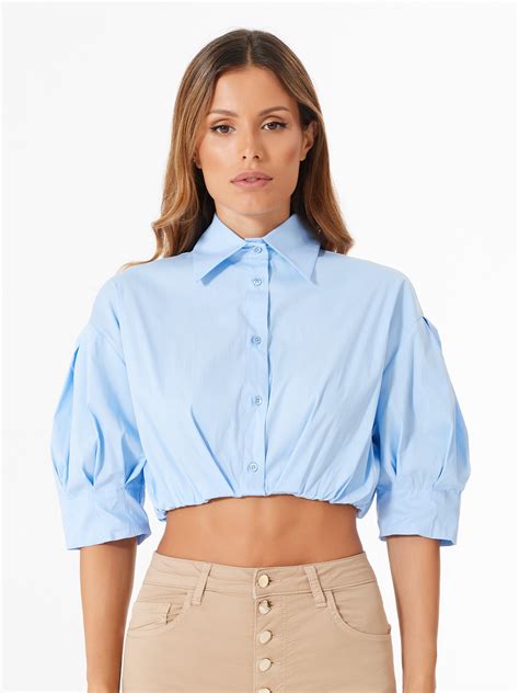 Light Blue Cotton Cropped Shirt Light Blue Women Rinascimento