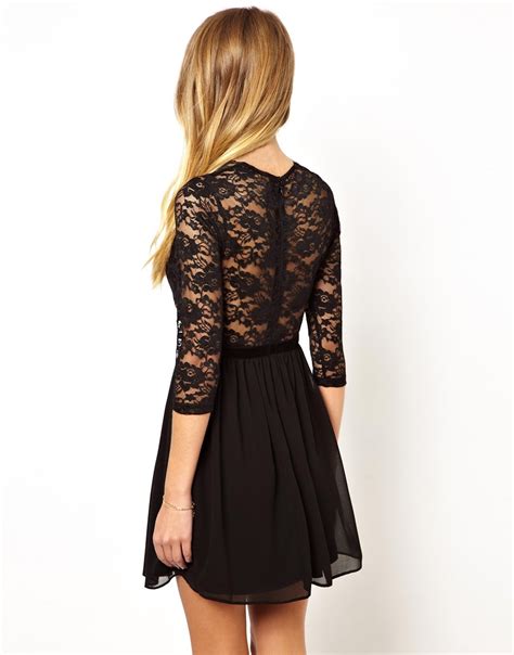 Asos 34 Sleeve Scallop Lace Skater Dress In Black Lyst