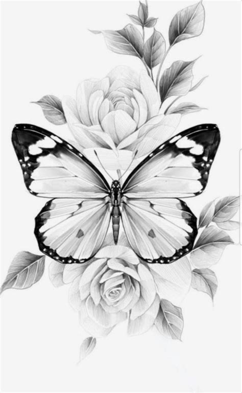 A Black And White Drawing Of A Butterfly With Flowers On It S Back Side