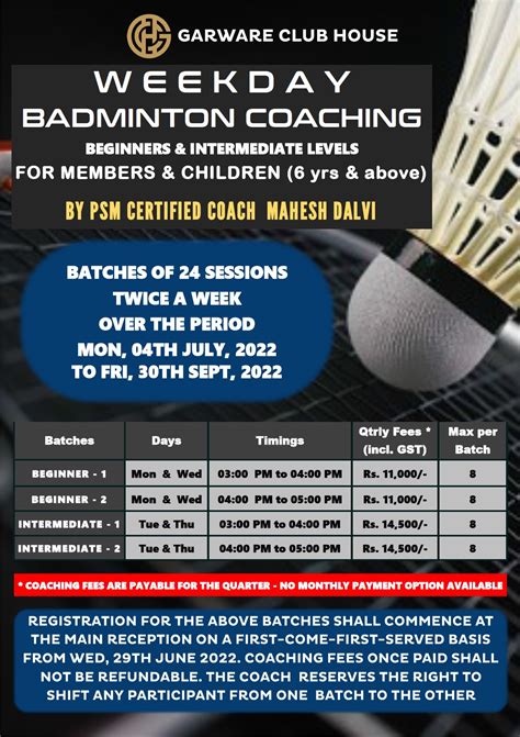 Weekend Badminton Coaching Batch By Psm Certified Coach Mahesh Dalvi