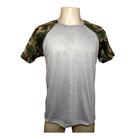 Camiseta Raglan Cinza Mescla Manga Camuflada Poliester