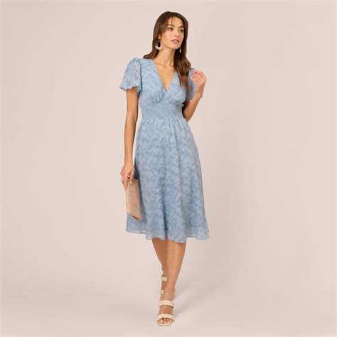 Burnout Smocked Midi Dress With Short Sleeves In Dusty Blue Adrianna Papell