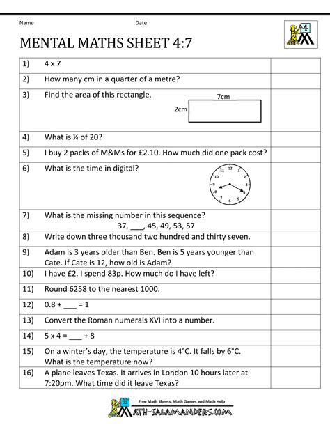 Year 4 Maths Test Printable Free