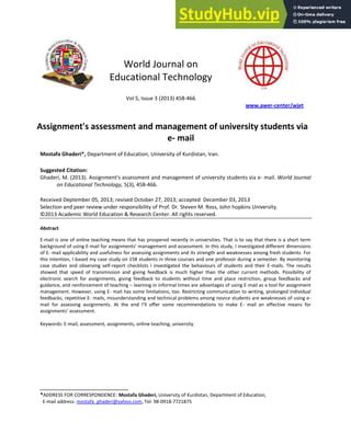 Assignment S Assessment And Management Of University Students Via E