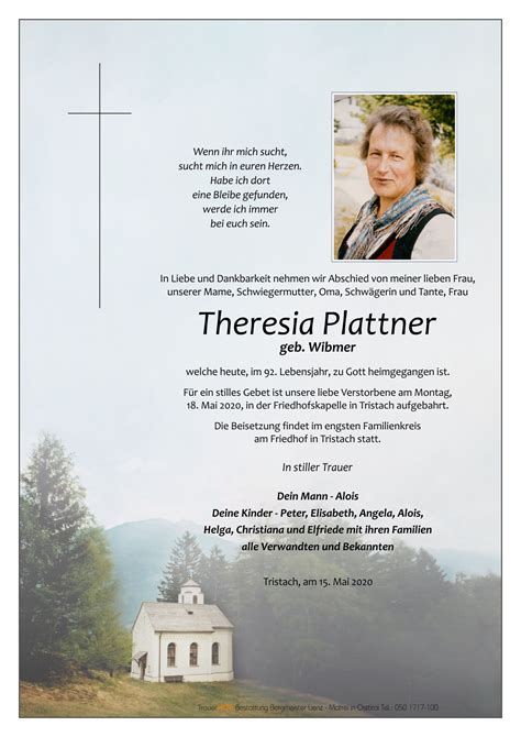 Todesanzeige Theresia Plattner Trauer Link