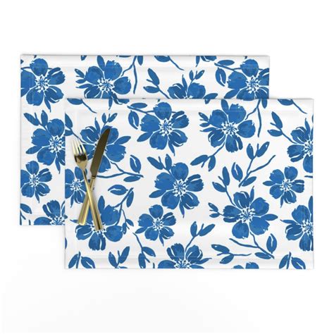 Vibrant Blue Floral Placemats Set Of 2 Blue Blossoms By Etsy